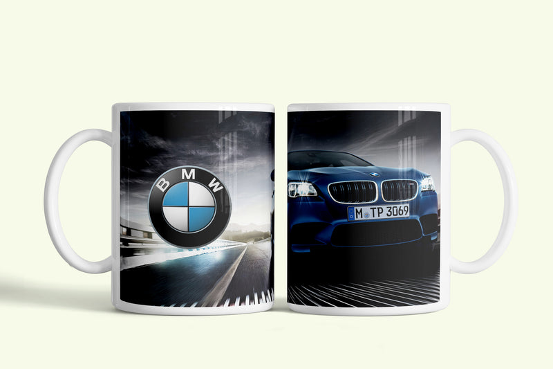 BMW bögre kék M5-tel, fehér kerámia, egyedi nyomtatott mintával