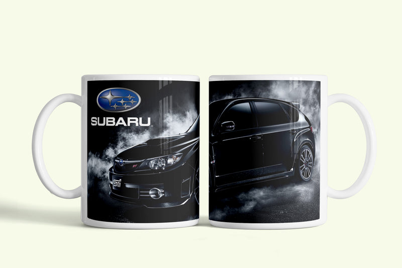 Subaru bögre fekete Imprezával és füsttel, fehér kerámia, egyedi nyomtatott mintával