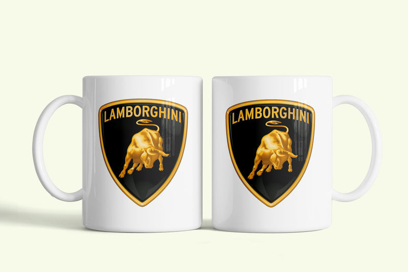 Lamborghini bögre fehér, bikás címerrel, fehér kerámia, egyedi nyomtatott mintával