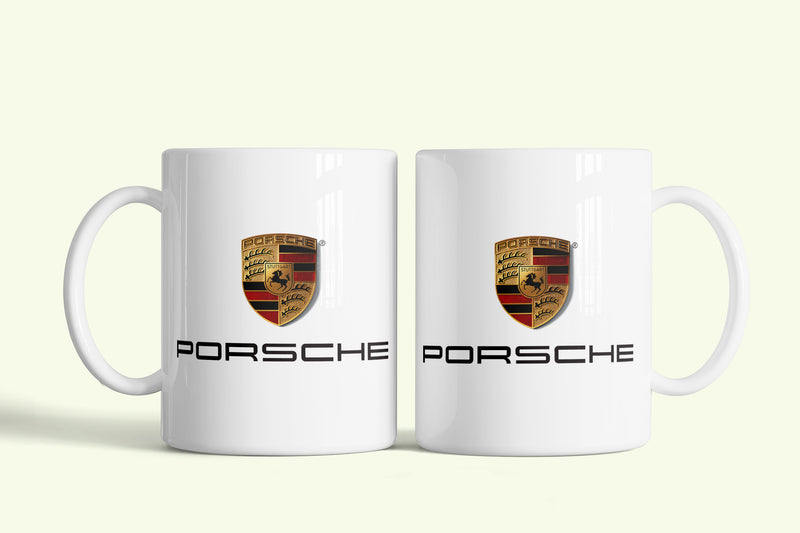 Porsche bögre, fehér kerámia, egyedi nyomtatott mintával