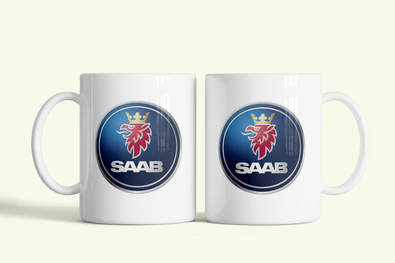 SAAB bögre fehér, koronás címerrel, fehér kerámia, egyedi nyomtatott mintával