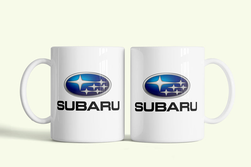 Subaru bögre fehér, kék logóval, fehér kerámia, egyedi nyomtatott mintával