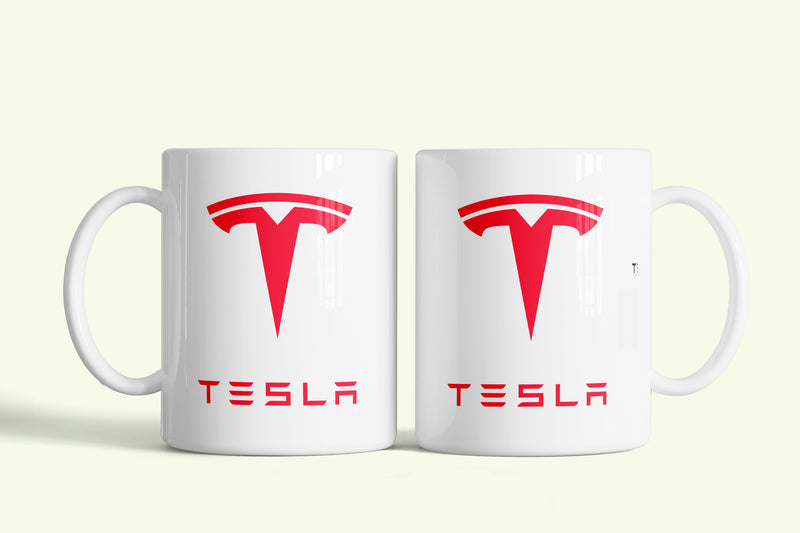 Tesla bögre fehér, piros logóval, fehér kerámia, egyedi nyomtatott mintával