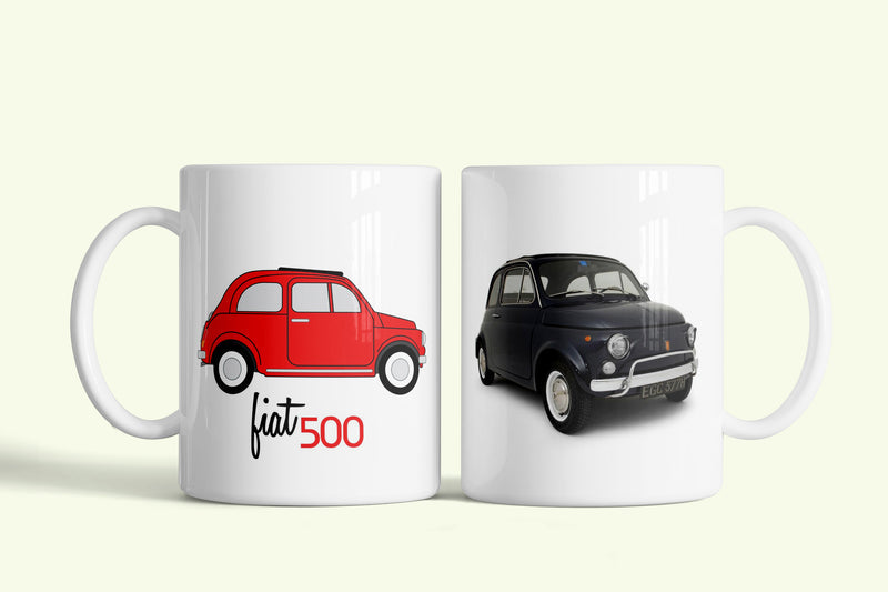 Fiat 500 Nuova bögre piros és fekete autóval, fehér kerámia, egyedi nyomtatott mintával