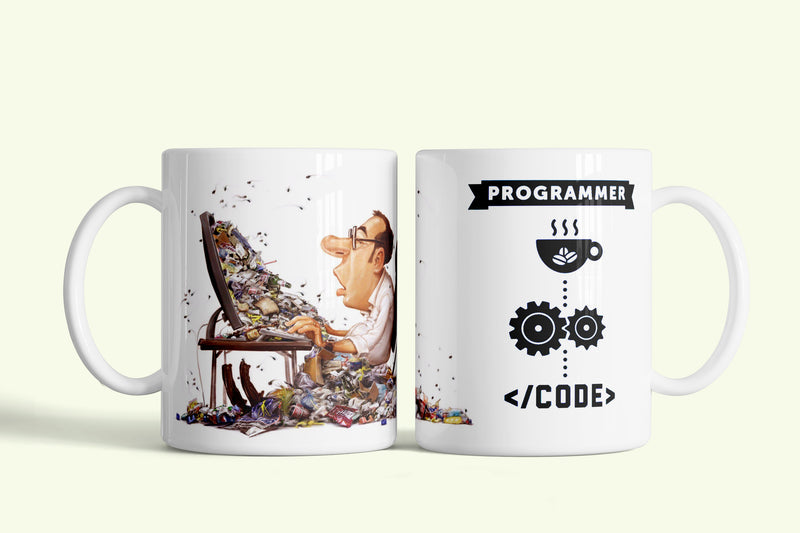 Programnyelv bögre kódoló programozó rajzával, fehér kerámia, egyedi nyomtatott mintával