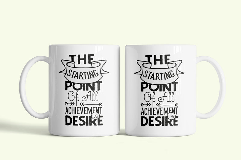 Angol feliratos bögre „Starting point of all achievement”, fehér kerámia, egyedi nyomtatott mintával