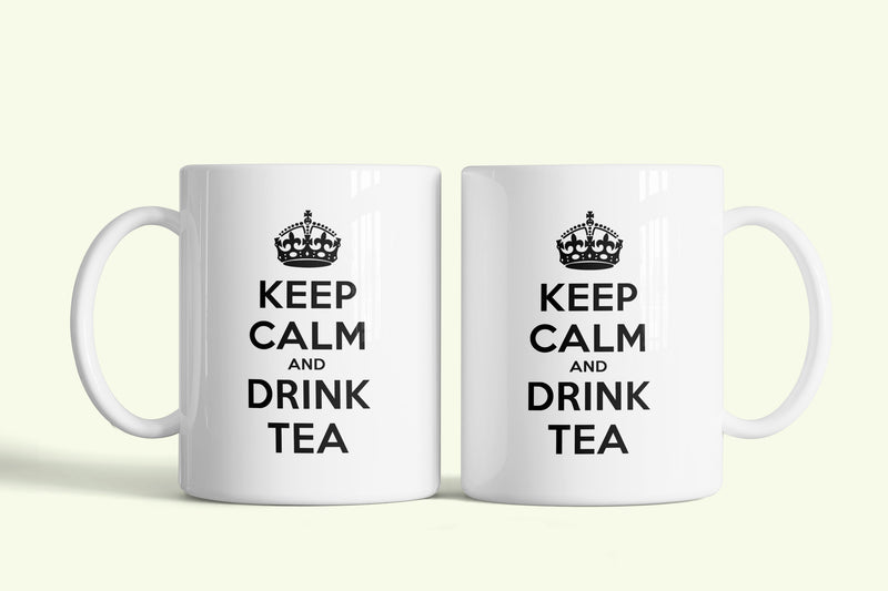 Keep Calm and drink tea bögre fehér, angol felirattal, fehér kerámia, egyedi nyomtatott mintával