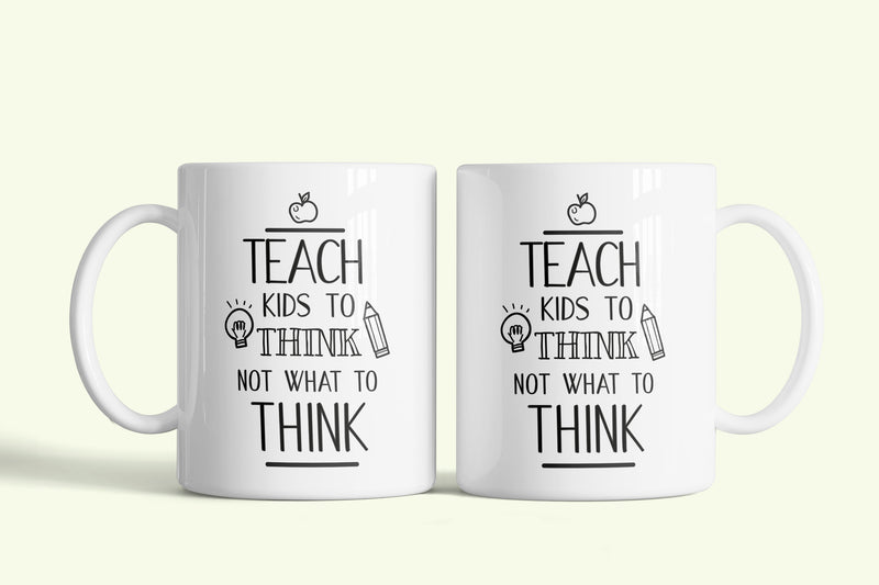 Angol feliratos bögre tanároknak „Teach kids to think”, fehér kerámia, egyedi nyomtatott mintával