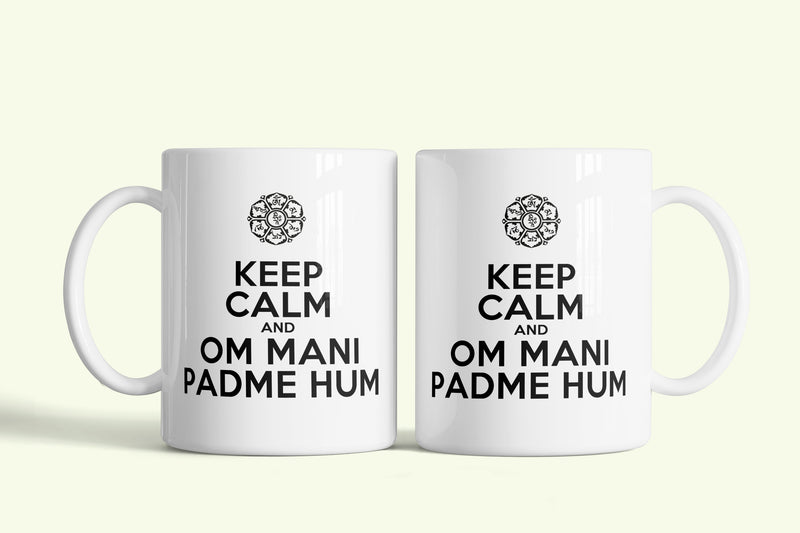 Keep Calm and Om Mani Padme hum bögre több színben, fehér kerámia, egyedi nyomtatott mintával