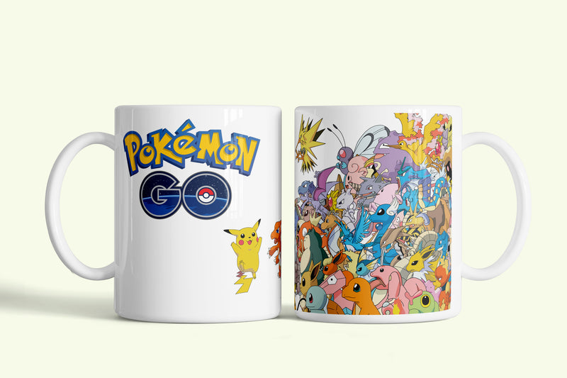 Pokemon GO bögre Pikachuval és Pokémon kavalkáddal, fehér kerámia, egyedi nyomtatott mintával