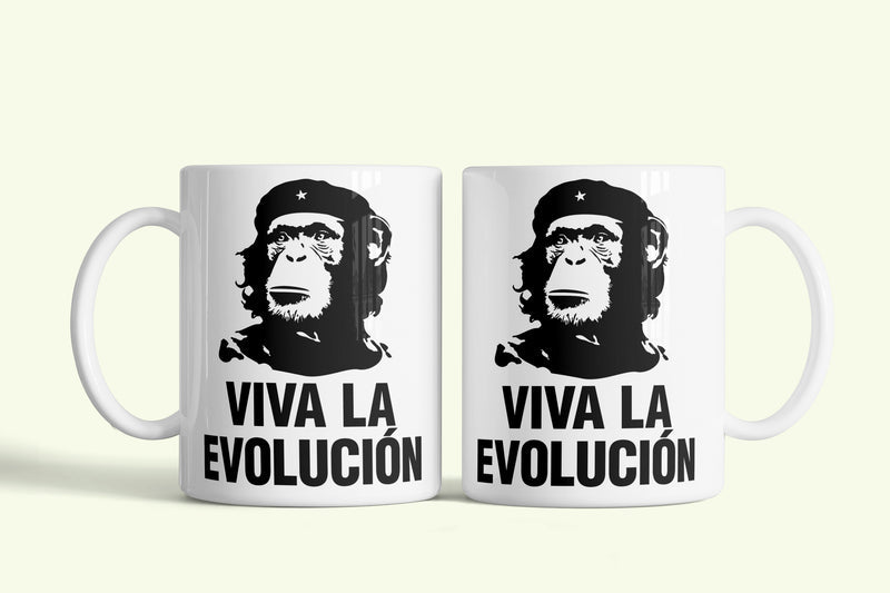 Viva la Evolucion! bögre, fehér kerámia, egyedi nyomtatott mintával