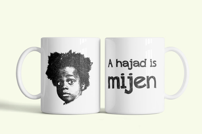 A hajadis mijen bögre, fehér kerámia, egyedi nyomtatott mintával