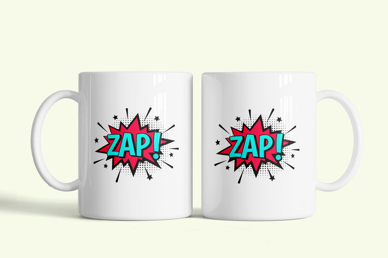 Képregényes bunyóbögre „ZAP!” felirattal, fehér kerámia, egyedi nyomtatott mintával