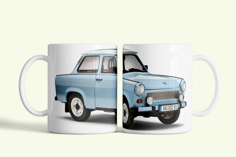 Trabant bögre világoskék Trabanttal, fehér kerámia, egyedi nyomtatott mintával