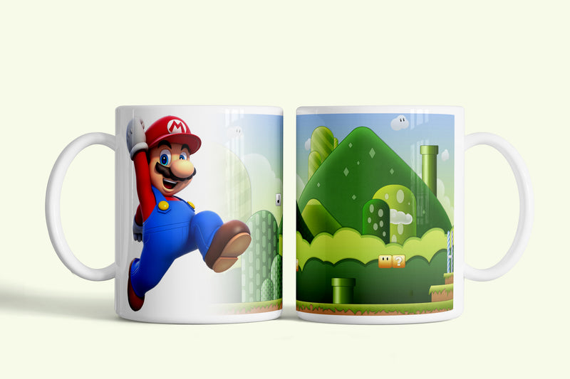 Super Mario bögre zöld dombos pályával, fehér kerámia, egyedi nyomtatott mintával