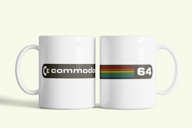 Commodore C64 bögre fehér, szivárványcsíkos logóval, fehér kerámia, egyedi nyomtatott mintával