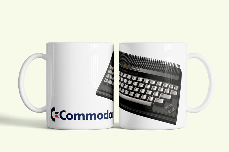 Commodore Plus/4 bögre, fehér kerámia, egyedi nyomtatott mintával
