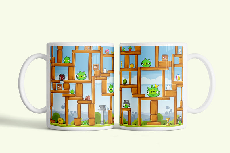 Angry Birds bögre pályás disznóvárral, fehér kerámia, egyedi nyomtatott mintával