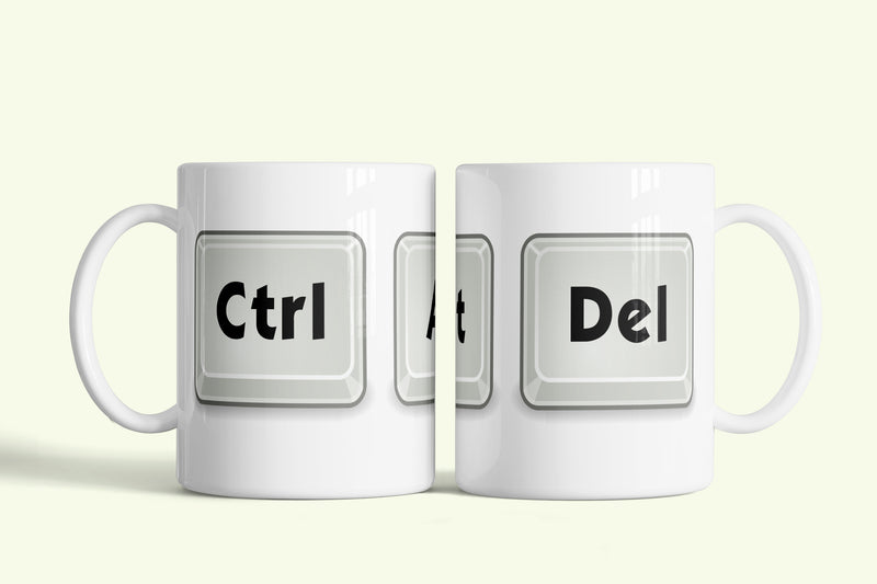 Ctrl-Alt-Del bögre szürke billentyűkkel, fehér kerámia, egyedi nyomtatott mintával