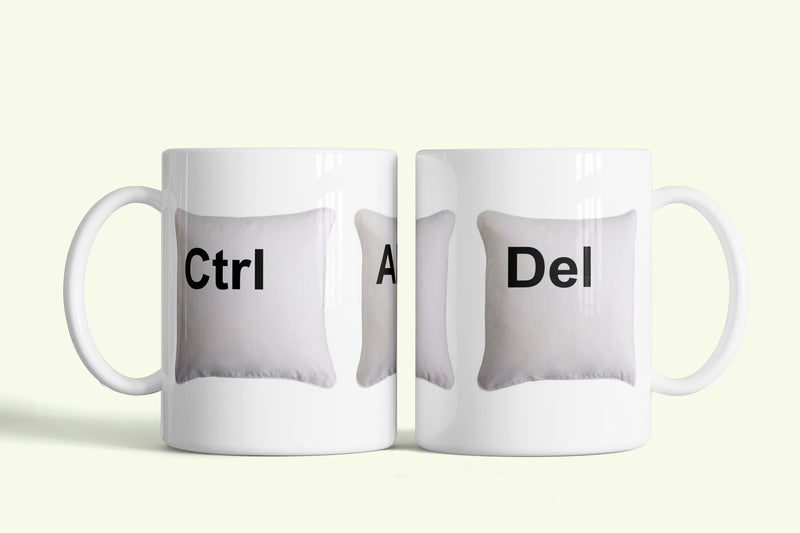 Ctrl-Alt-Del bögre párnás billentyűkkel, fehér kerámia, egyedi nyomtatott mintával