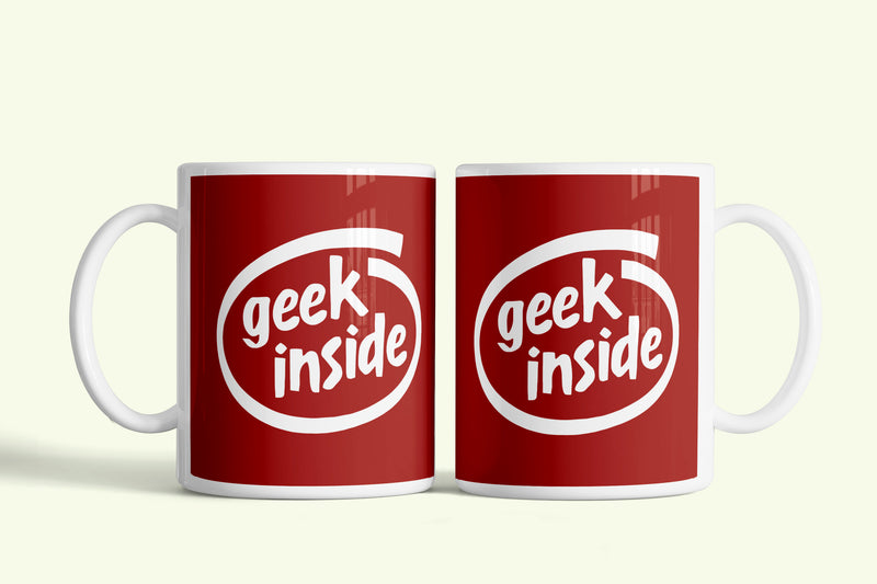 Geek inside bögre piros, fehér logóval, fehér kerámia, egyedi nyomtatott mintával