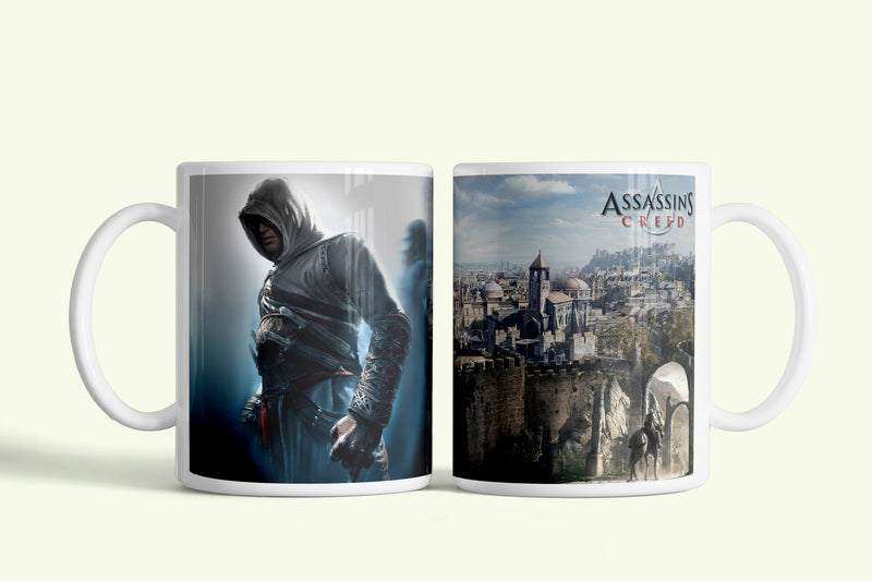 Assassin's Creed bögre Altaïrral és várossal, fehér kerámia, egyedi nyomtatott mintával