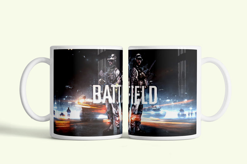 Battlefield 3 bögre fekete, katonákkal és logóval, fehér kerámia, egyedi nyomtatott mintával