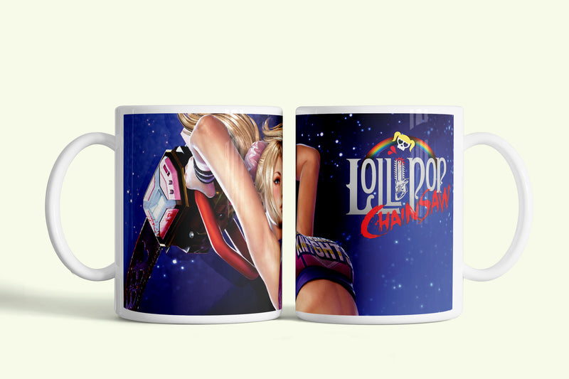 Lollipop Chainsaw bögre kék háttérrel, Julievel, fehér kerámia, egyedi nyomtatott mintával