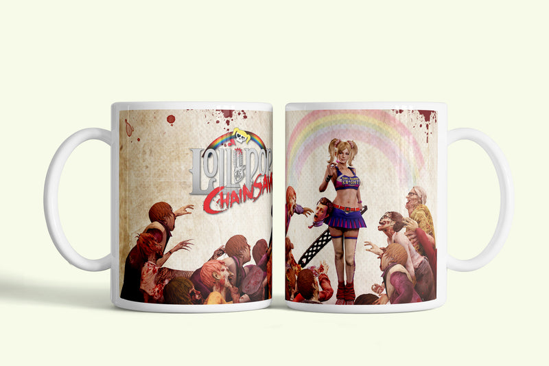 Lollipop Chainsaw bögre zombikkal és szivárvánnyal, fehér kerámia, egyedi nyomtatott mintával