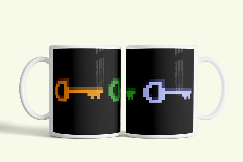 Ready Player One bögre pixeles kulcsokkal, fehér kerámia, egyedi nyomtatott mintával