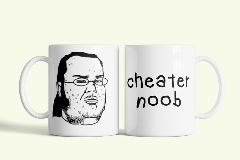 Cheater noob bögre „cheater noob” felirattal, fehér kerámia, egyedi nyomtatott mintával