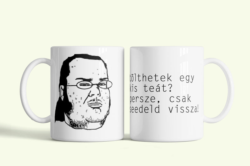 Cheater noob bögre „Tölthetek egy kis teát?” felirattal, fehér kerámia, egyedi nyomtatott mintával