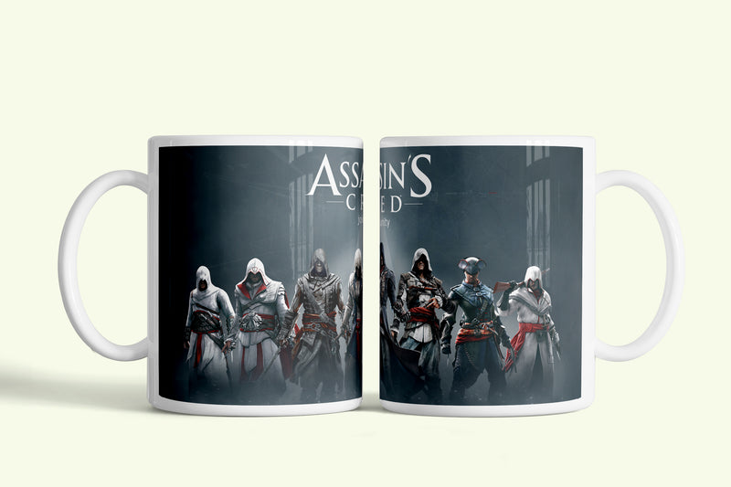 Assassin's Creed bögre orgyilkosok csoportjával, fehér kerámia, egyedi nyomtatott mintával