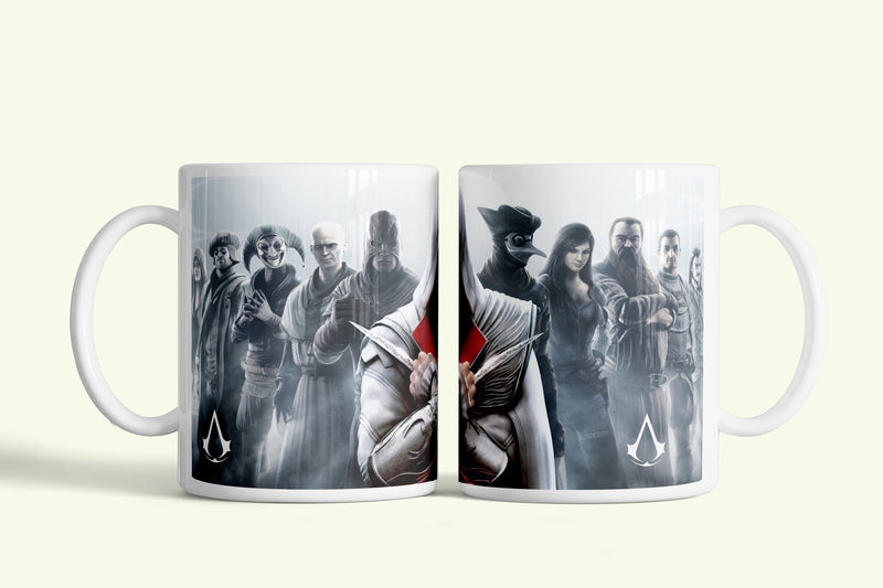 Assassin's Creed bögre szürke karakterkollázzsal, fehér kerámia, egyedi nyomtatott mintával
