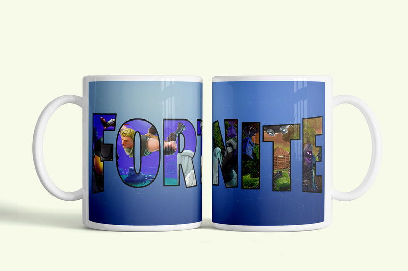 Fortnite bögre kék, nagy betűs logóval, fehér kerámia, egyedi nyomtatott mintával