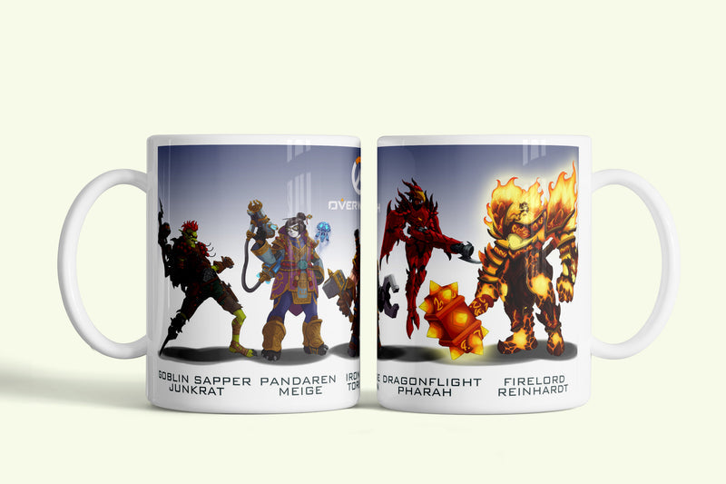 Overwatch bögre Junkrat, Mei, Pharah és Reinhardt, fehér kerámia, egyedi nyomtatott mintával
