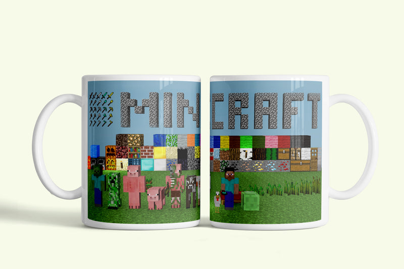 Minecraft bögre blokkokkal és mobokkal, fehér kerámia, egyedi nyomtatott mintával