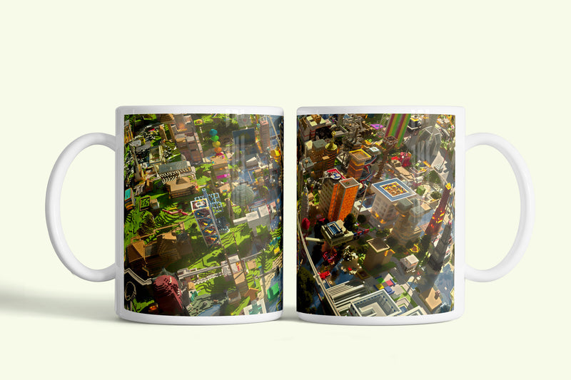 Minecraft bögre épített várossal, fehér kerámia, egyedi nyomtatott mintával