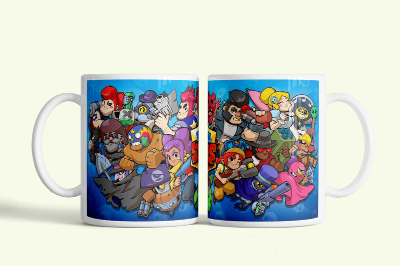 Brawl Stars bögre színes karakterkavalkáddal, fehér kerámia, egyedi nyomtatott mintával