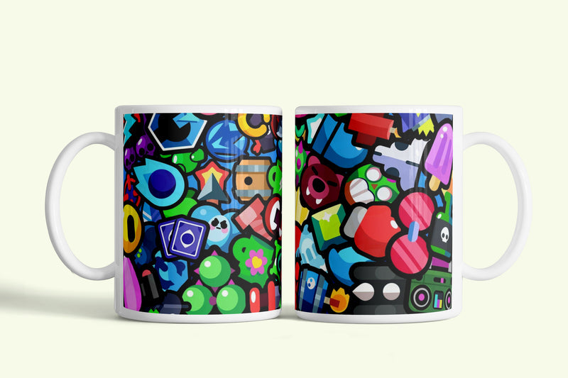 Brawl Stars bögre színes ikonmintával, fehér kerámia, egyedi nyomtatott mintával